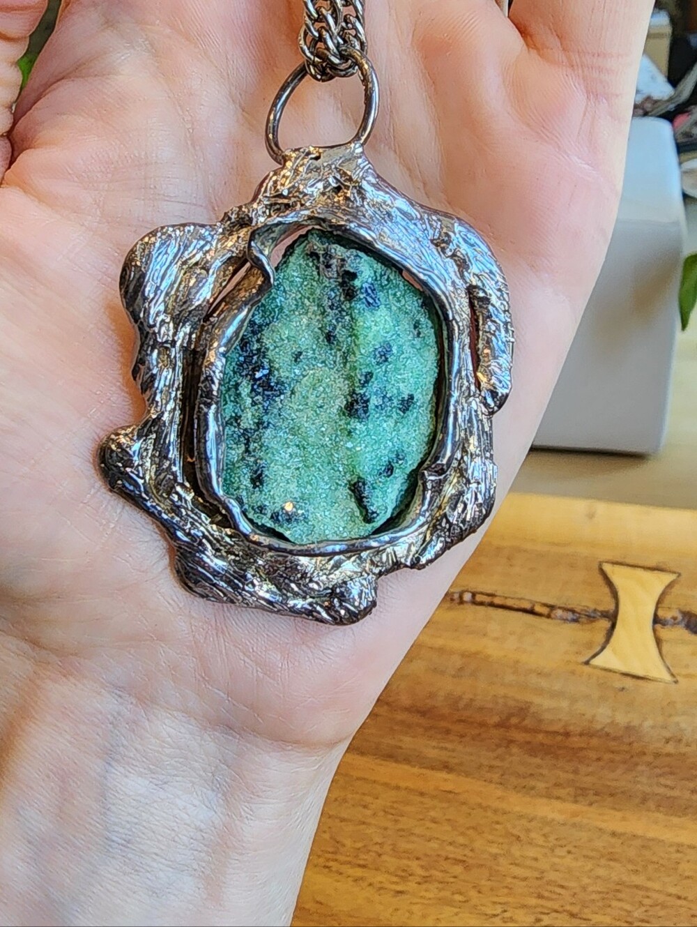 Vintage DANSK SMYKKEKUNST D.S. Denmark Sterling Silver Green Stone Necklace
